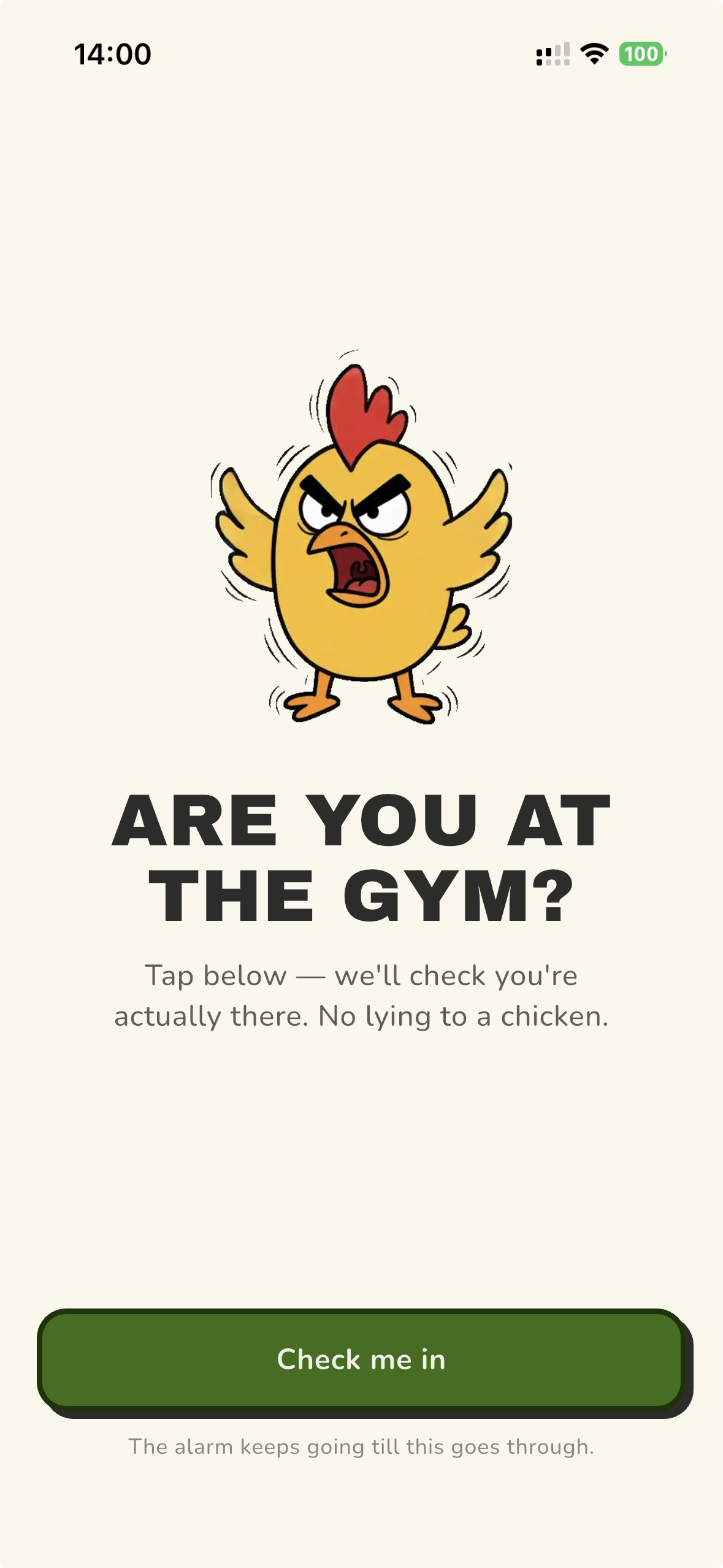 Chicken alarm asking if you're at the gym