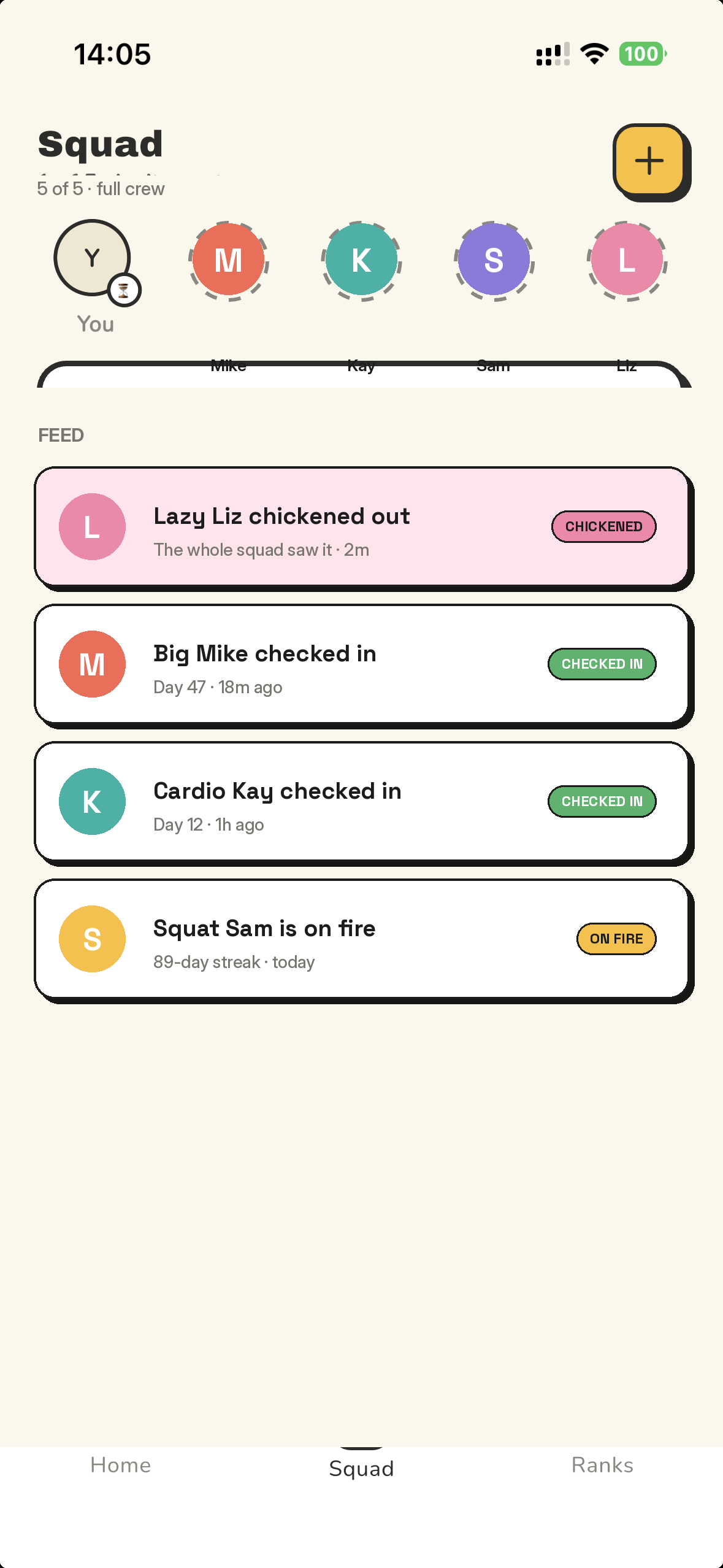 Squad feed showing who showed up and who bailed